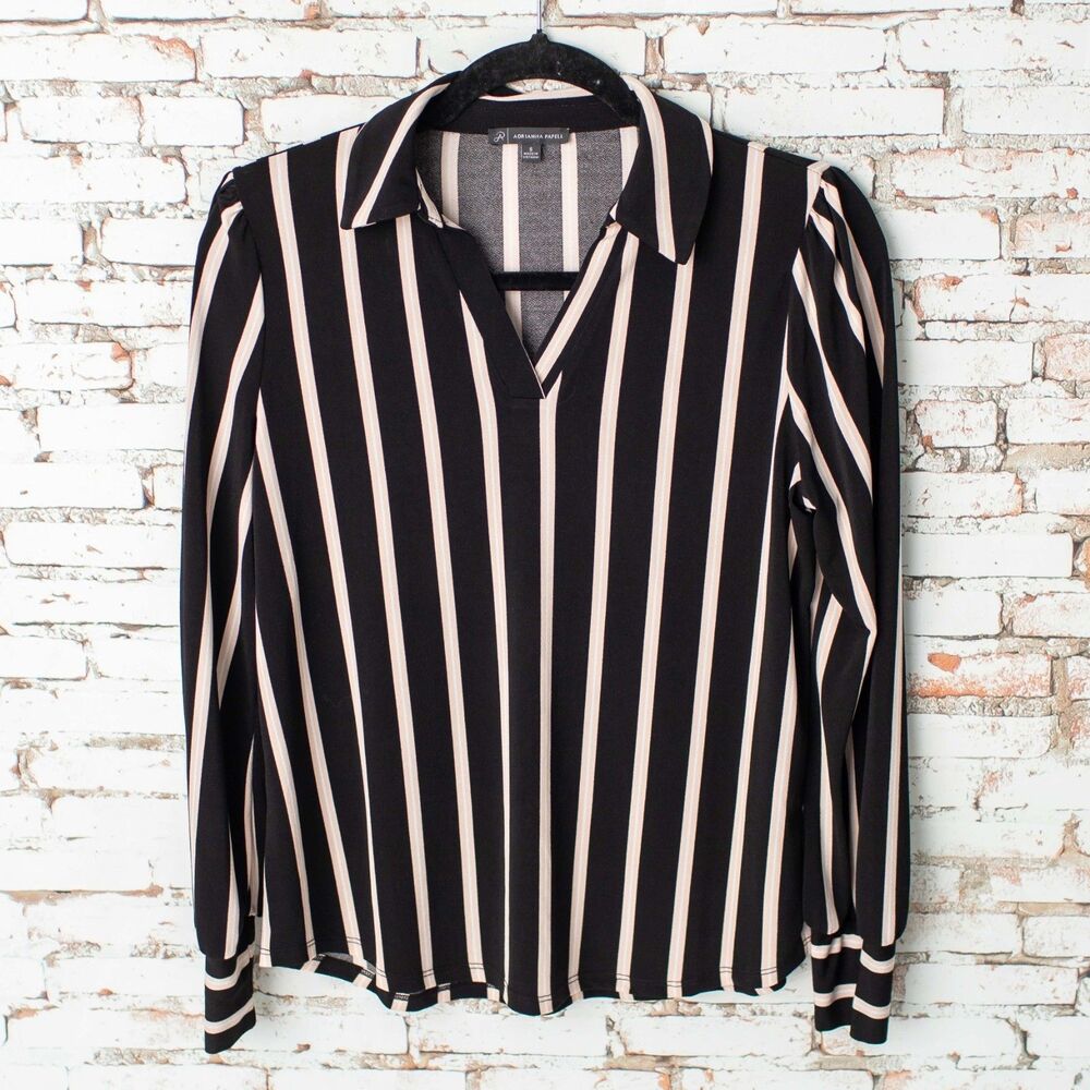 Adrianna Papell Women's Small Black Blush Stripe Collared Long Sleeve Blouse Top